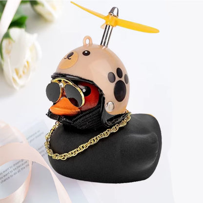 Car Ornament Duck with Helmet Broken Wind Small Black Duck Road Bike Motor Riding Cycling Car Accessories Interior without Light