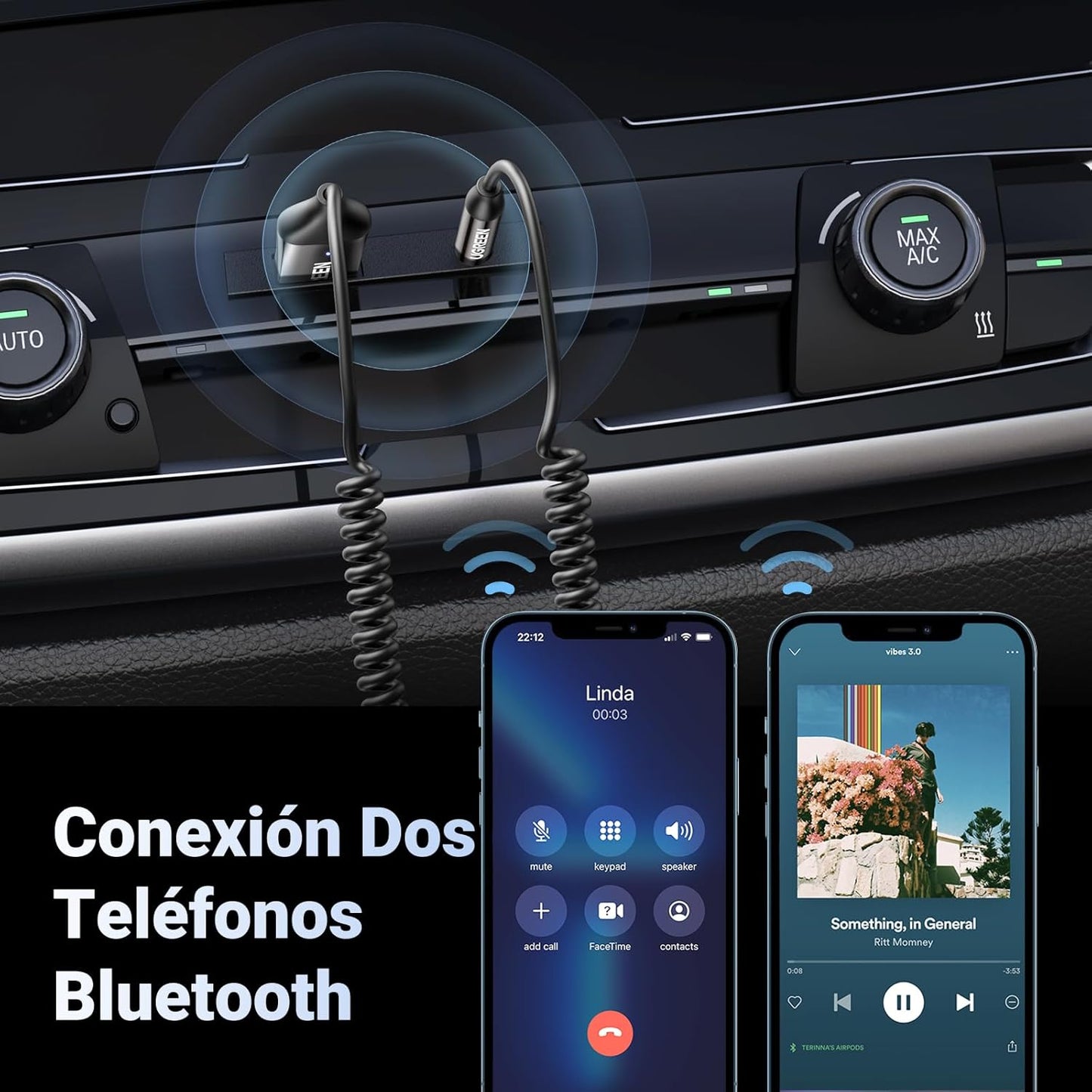 UGREEN Receptor Bluetooth 6.0 Adaptador Jack 3.5Mm Aux Auxiliar Conector Audio Coche Manos Libres, Gris Oscuro