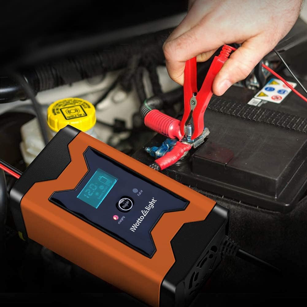 Iwotto E Light Cargador Baterias Coche - 6A 12V - Fácil De Usar, Completamente Automático Con Pantalla Digital Inteligente - Cargador Bateria Coche, Moto, Múltiples Protecciones - Agm,Gel,Mf,Sla,Vrla