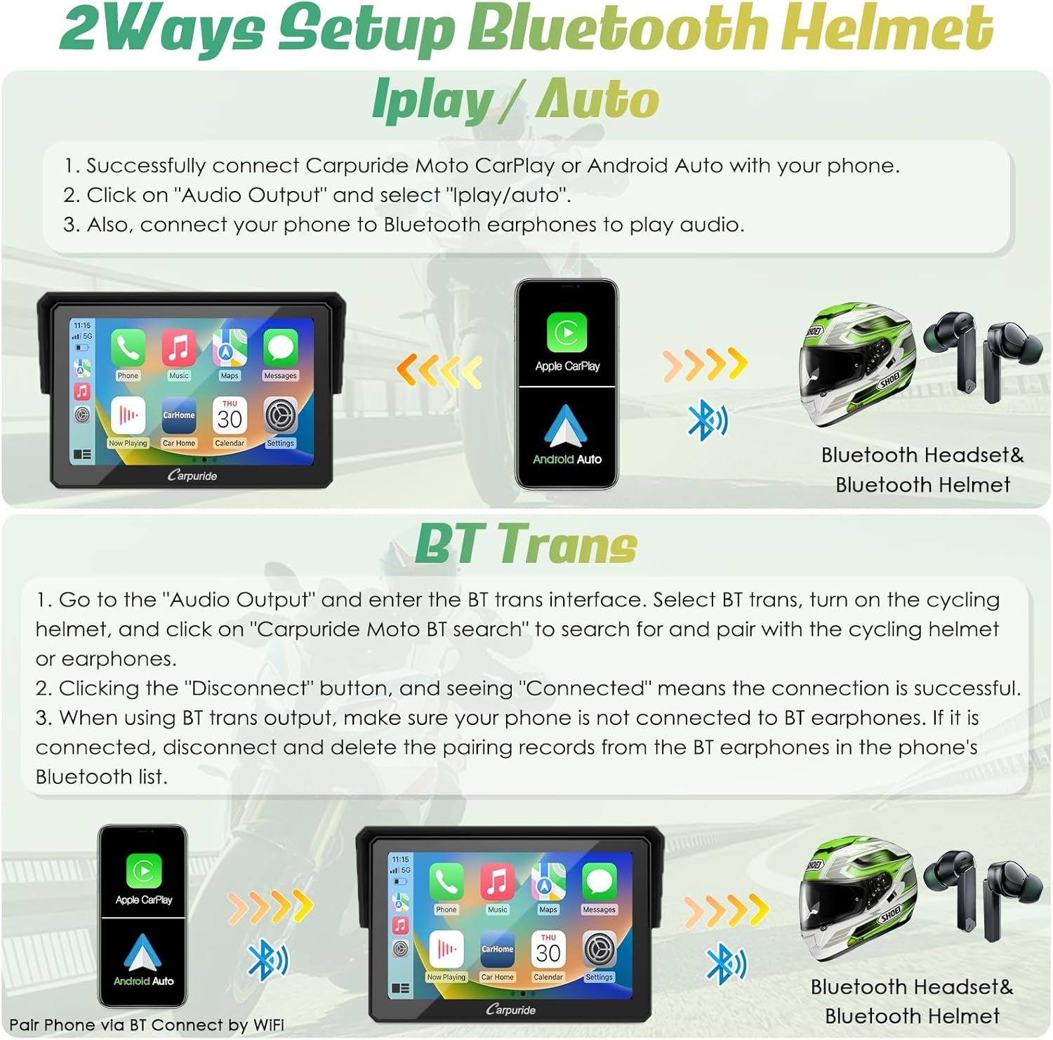 Carpuride W502 Estéreo Portátil Inalámbrico Para Motocicleta Con Doble Bluetooth, Resistente Al Agua IP67, Pantalla Táctil IPS De 5 Pulgadas, TF 64GB, Navegación Gps/Siri/Asistente De Google