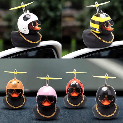 Car Ornament Duck with Helmet Broken Wind Small Black Duck Road Bike Motor Riding Cycling Car Accessories Interior without Light
