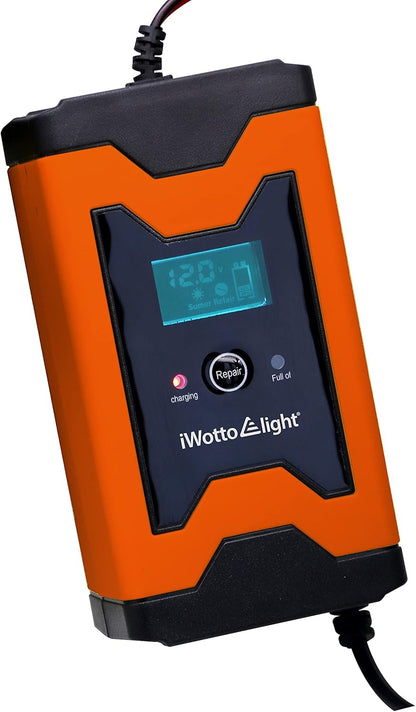 Iwotto E Light Cargador Baterias Coche - 6A 12V - Fácil De Usar, Completamente Automático Con Pantalla Digital Inteligente - Cargador Bateria Coche, Moto, Múltiples Protecciones - Agm,Gel,Mf,Sla,Vrla