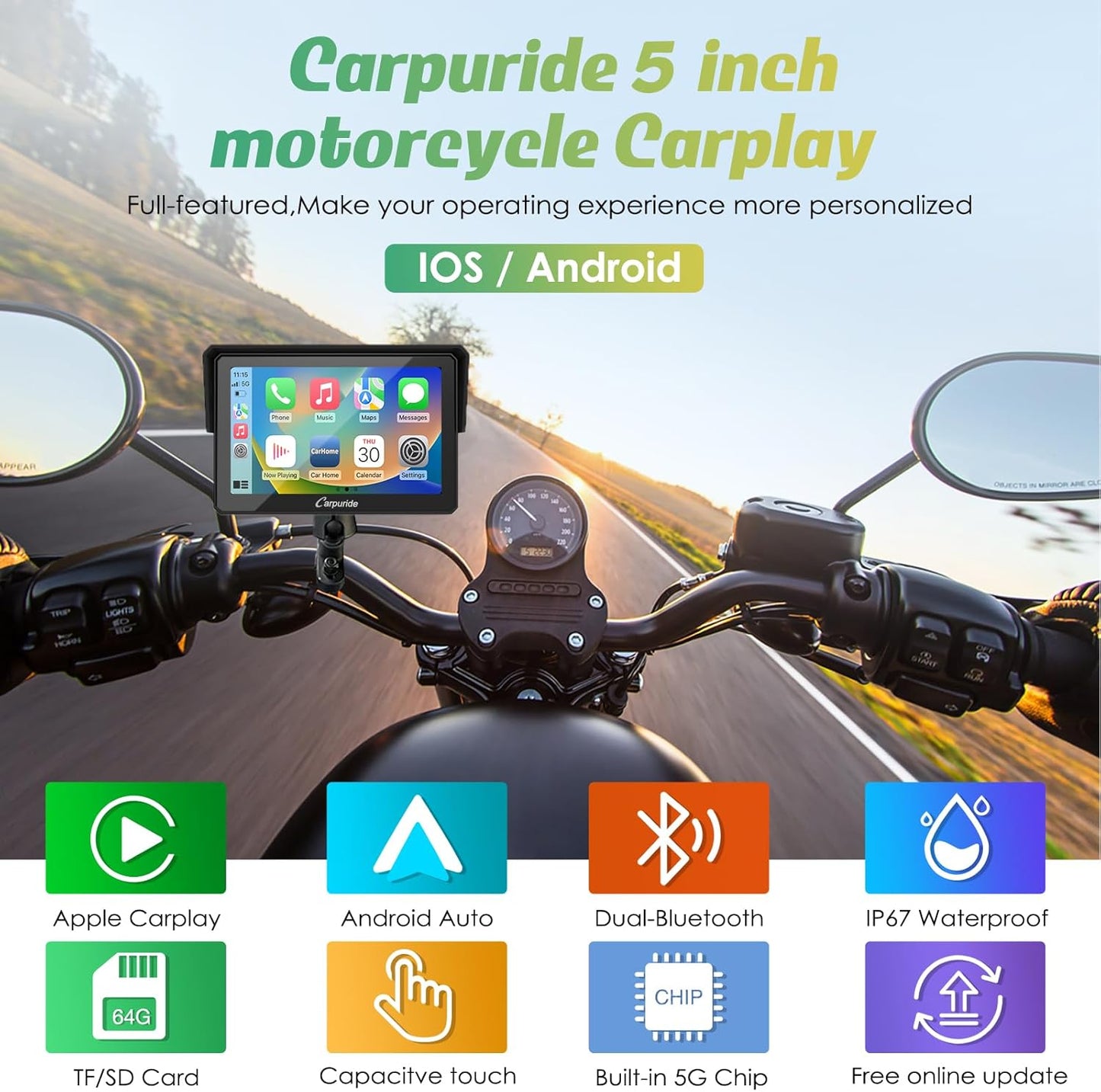Carpuride W502 Estéreo Portátil Inalámbrico Para Motocicleta Con Doble Bluetooth, Resistente Al Agua IP67, Pantalla Táctil IPS De 5 Pulgadas, TF 64GB, Navegación Gps/Siri/Asistente De Google