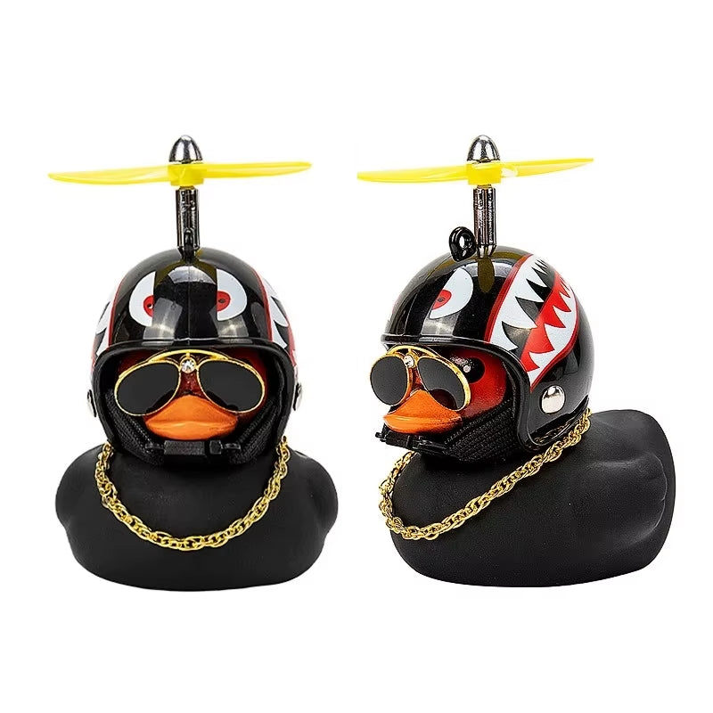 Car Ornament Duck with Helmet Broken Wind Small Black Duck Road Bike Motor Riding Cycling Car Accessories Interior without Light