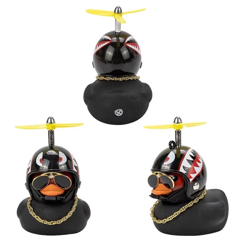Car Ornament Duck with Helmet Broken Wind Small Black Duck Road Bike Motor Riding Cycling Car Accessories Interior without Light