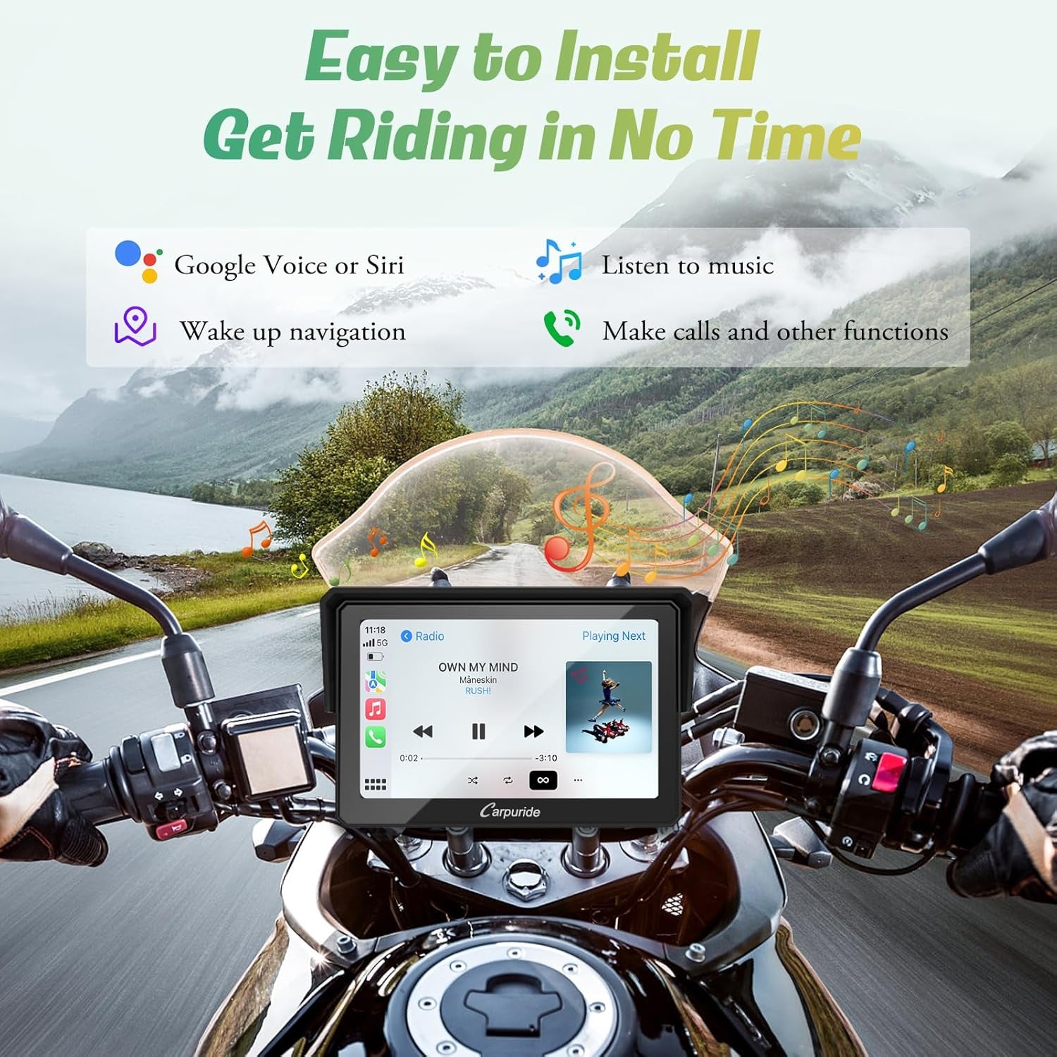 Carpuride W502 Estéreo Portátil Inalámbrico Para Motocicleta Con Doble Bluetooth, Resistente Al Agua IP67, Pantalla Táctil IPS De 5 Pulgadas, TF 64GB, Navegación Gps/Siri/Asistente De Google