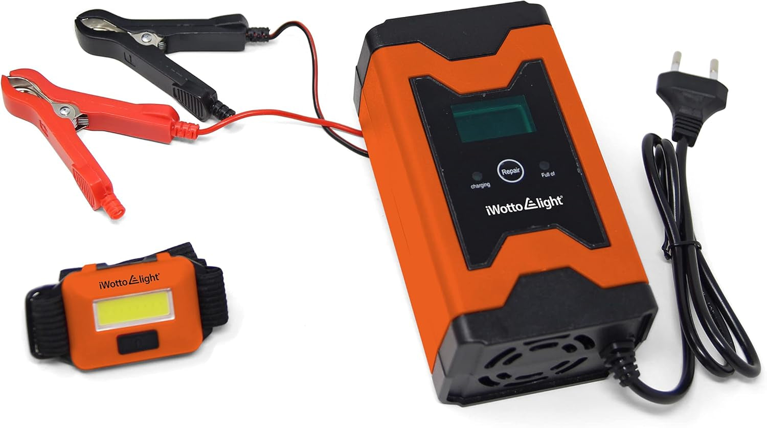 Iwotto E Light Cargador Baterias Coche - 6A 12V - Fácil De Usar, Completamente Automático Con Pantalla Digital Inteligente - Cargador Bateria Coche, Moto, Múltiples Protecciones - Agm,Gel,Mf,Sla,Vrla