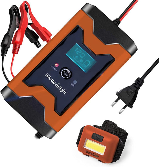 Iwotto E Light Cargador Baterias Coche - 6A 12V - Fácil De Usar, Completamente Automático Con Pantalla Digital Inteligente - Cargador Bateria Coche, Moto, Múltiples Protecciones - Agm,Gel,Mf,Sla,Vrla