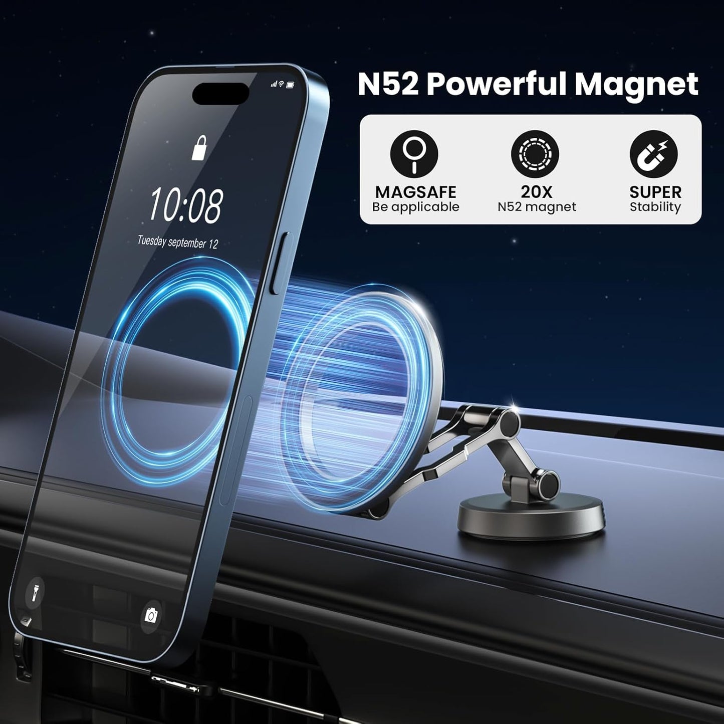 Soporte Movil Coche Para Magsafe,Soporte Magnético Plegable,Rotación De 360°,Succión Potente,Parabrisas & Salpicadero Porta Movil,Todo Metal Soporte Telefono Coche Para Iphone Y Funda Magsafe