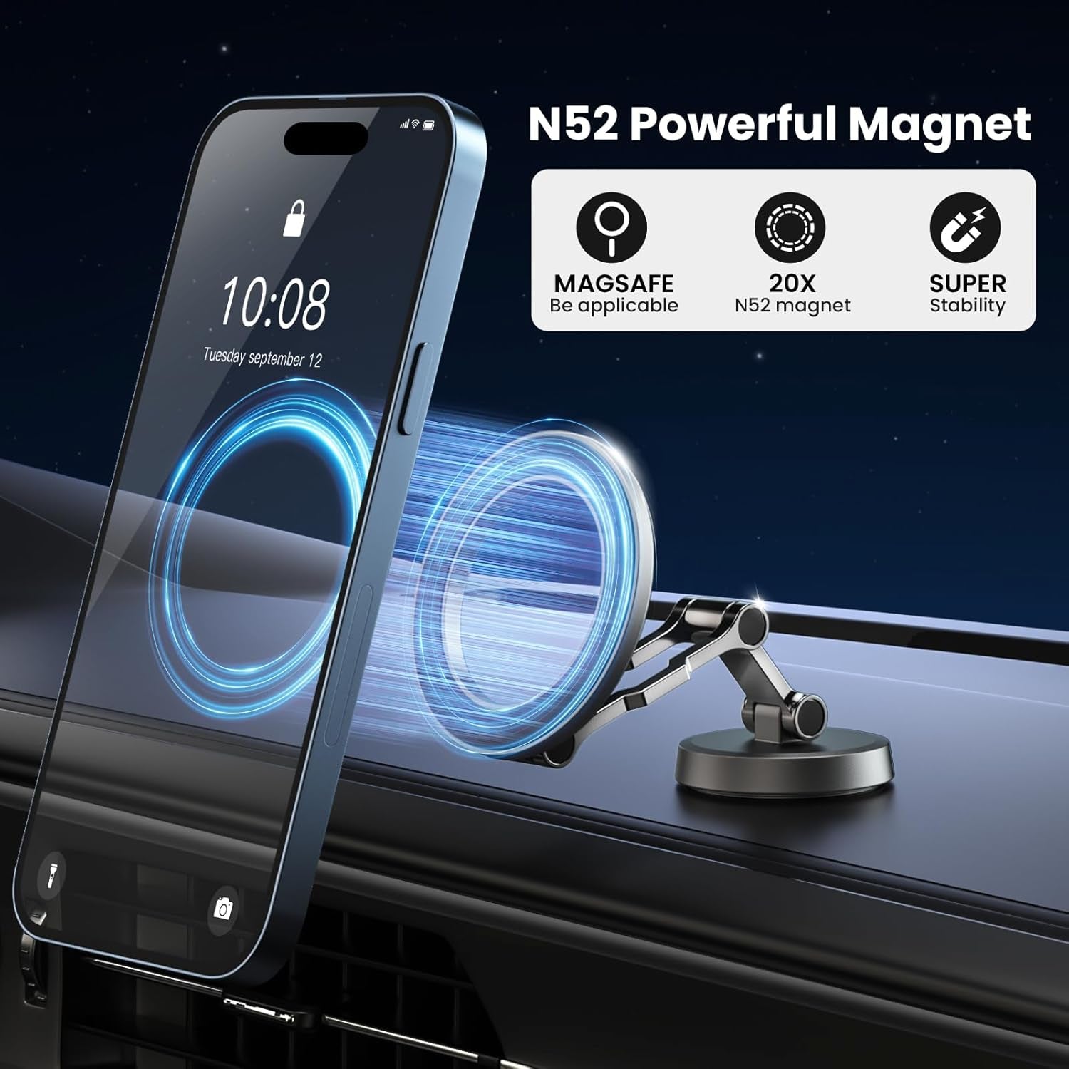 Soporte Movil Coche Para Magsafe,Soporte Magnético Plegable,Rotación De 360°,Succión Potente,Parabrisas & Salpicadero Porta Movil,Todo Metal Soporte Telefono Coche Para Iphone Y Funda Magsafe