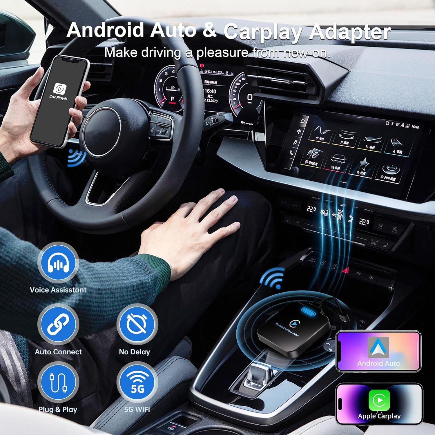 Adaptador Carplay & Android Auto Inalámbrico Para Iphone, Convierte Cable De Fábrica En Dongle Para Control Plug & Play, Compatible Con Coches Desde 2017