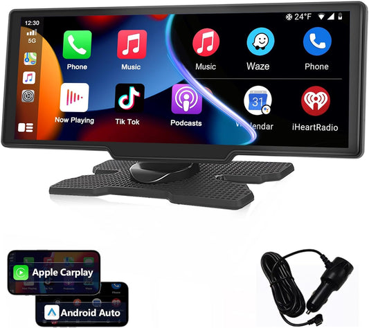 Podofo La Última Radio De Coche Portátil Inalámbrica Apple Carplay Y Android Auto,Pantalla Táctil IPS 1080P De 9,3 Pulgadas,Radio Estéreo Para Coche,Bluetooth, Aux,Control De Voz,Transmisor FM,TF