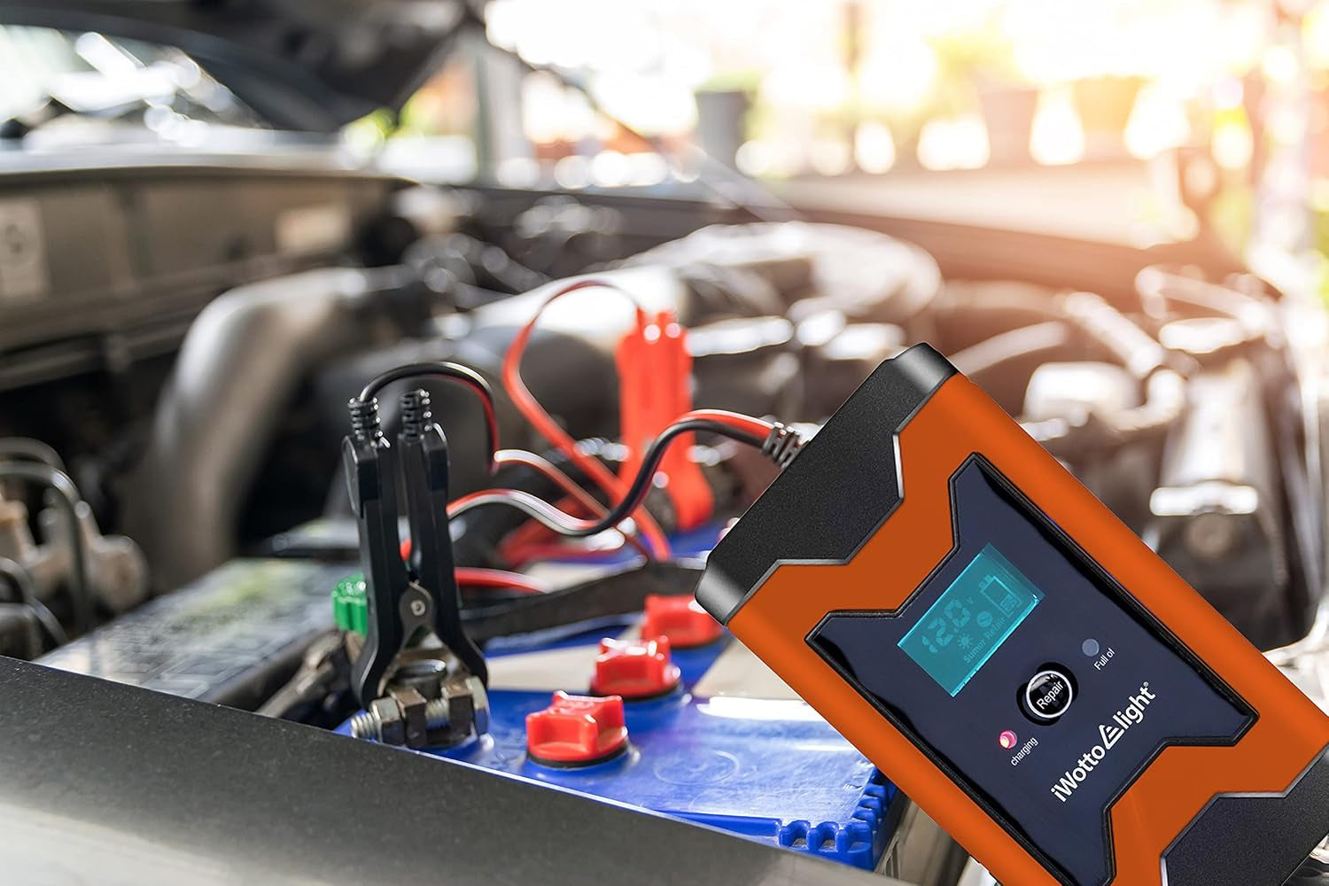 Iwotto E Light Cargador Baterias Coche - 6A 12V - Fácil De Usar, Completamente Automático Con Pantalla Digital Inteligente - Cargador Bateria Coche, Moto, Múltiples Protecciones - Agm,Gel,Mf,Sla,Vrla