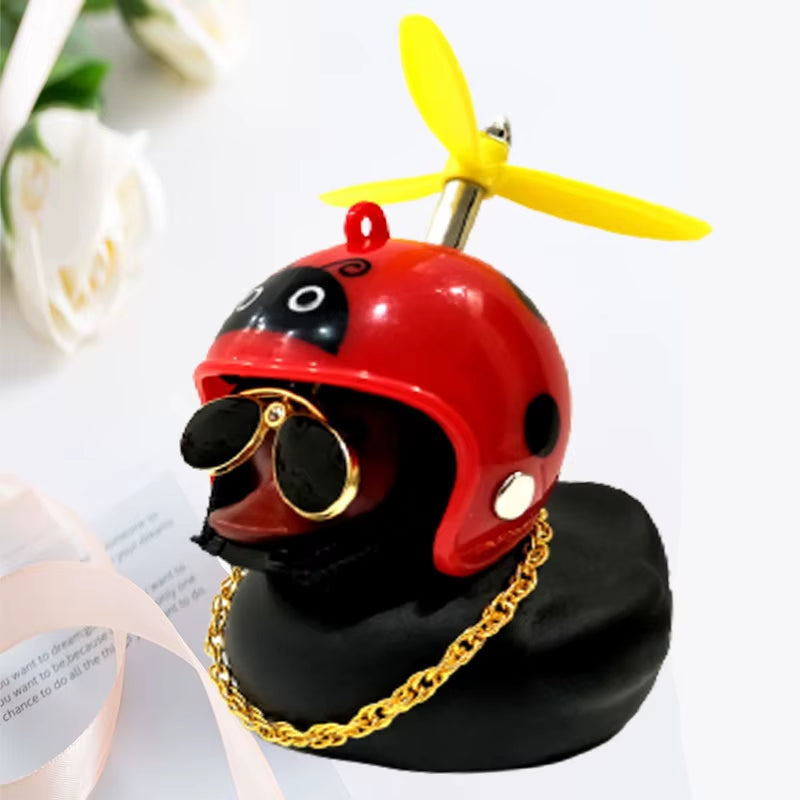 Car Ornament Duck with Helmet Broken Wind Small Black Duck Road Bike Motor Riding Cycling Car Accessories Interior without Light
