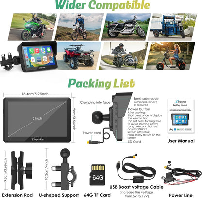 Carpuride W502 Estéreo Portátil Inalámbrico Para Motocicleta Con Doble Bluetooth, Resistente Al Agua IP67, Pantalla Táctil IPS De 5 Pulgadas, TF 64GB, Navegación Gps/Siri/Asistente De Google